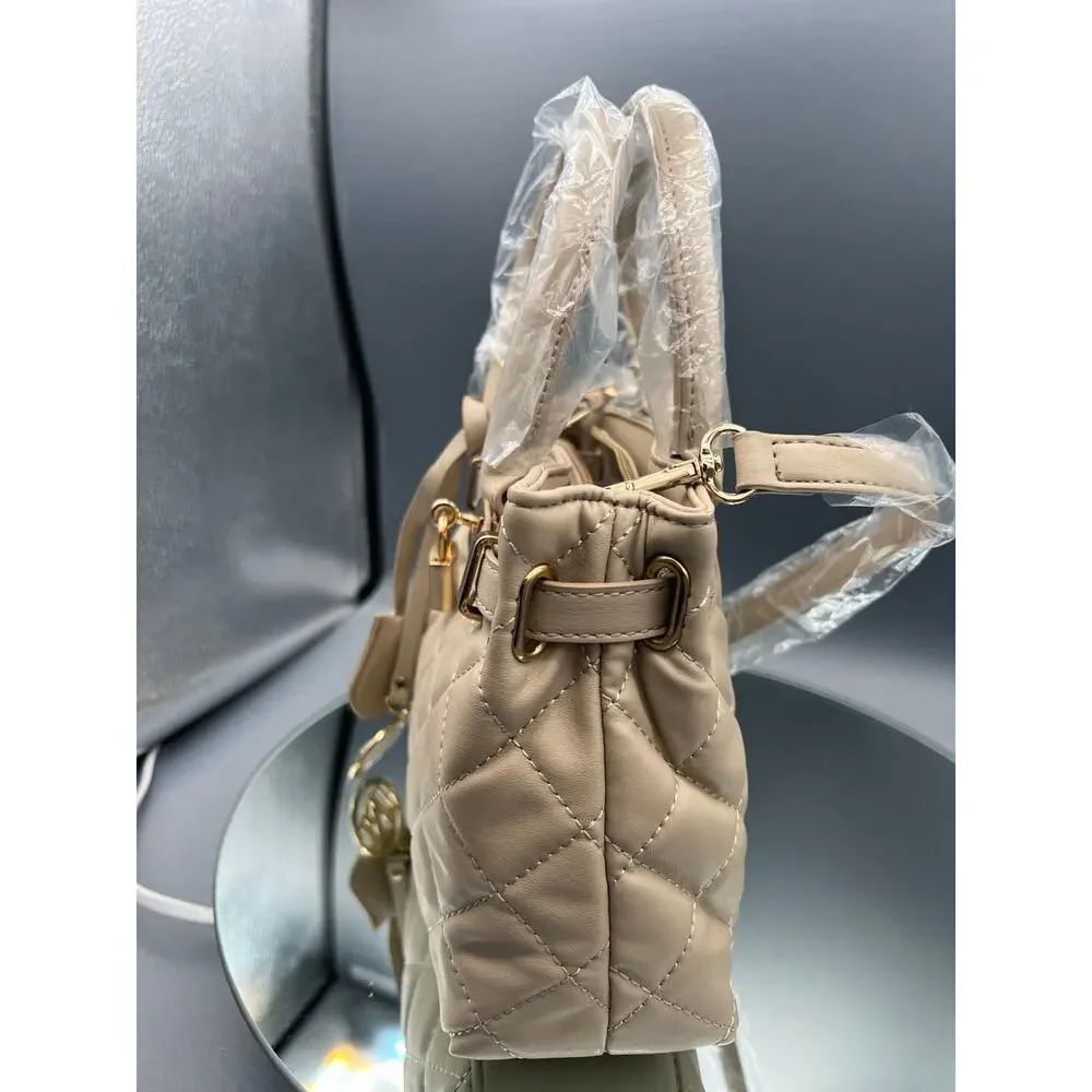 Badgley Mischka diamond quilted 2-way vegan leather tote bag in a taupe